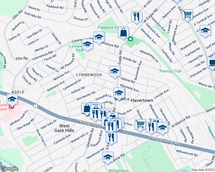 map of restaurants, bars, coffee shops, grocery stores, and more near 1309 Annabella Avenue in Havertown