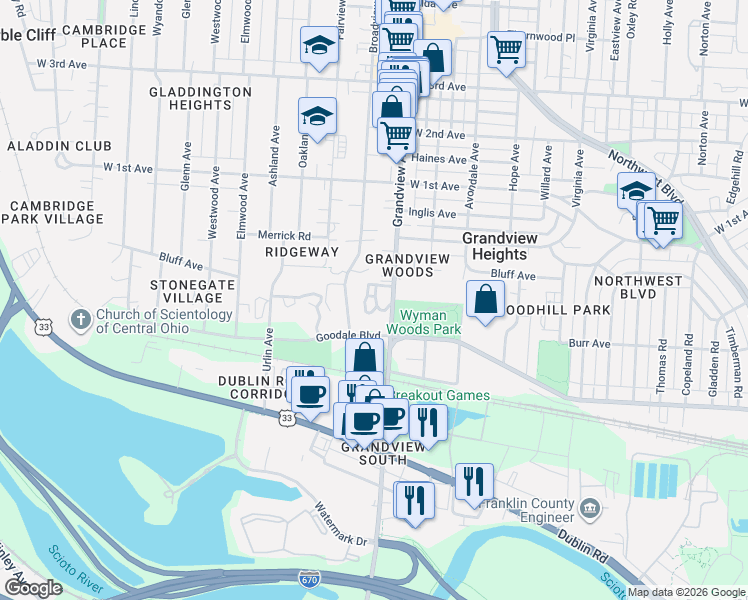 map of restaurants, bars, coffee shops, grocery stores, and more near 887 Terrace Drive in Grandview Heights