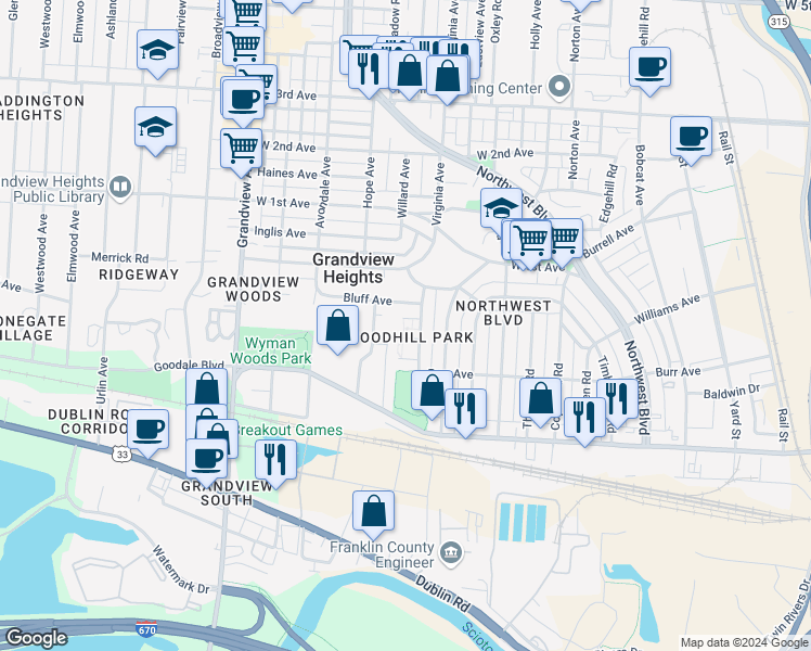 map of restaurants, bars, coffee shops, grocery stores, and more near 947 Woodhill Drive in Grandview Heights