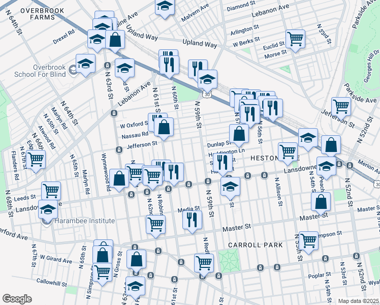 map of restaurants, bars, coffee shops, grocery stores, and more near 1724 North Redfield Street in Philadelphia