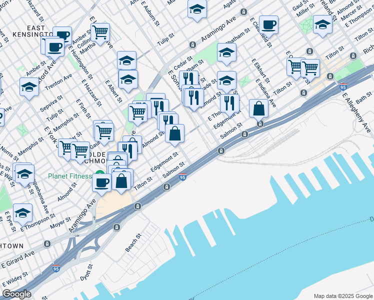 map of restaurants, bars, coffee shops, grocery stores, and more near 2705 East Lehigh Avenue in Philadelphia