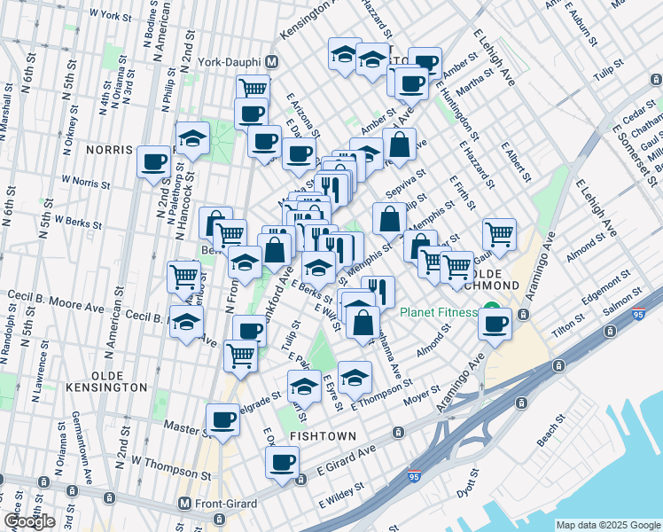 map of restaurants, bars, coffee shops, grocery stores, and more near 2305 East Norris Street in Philadelphia