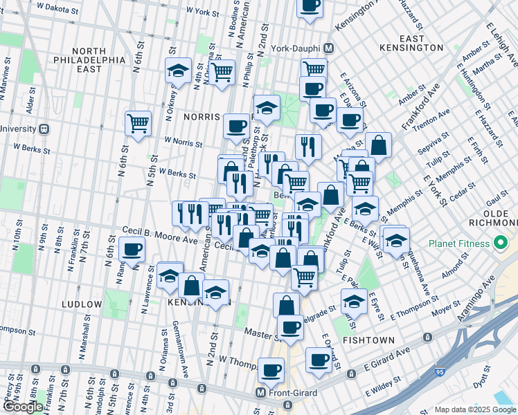 map of restaurants, bars, coffee shops, grocery stores, and more near 1824 Mutter Street in Philadelphia
