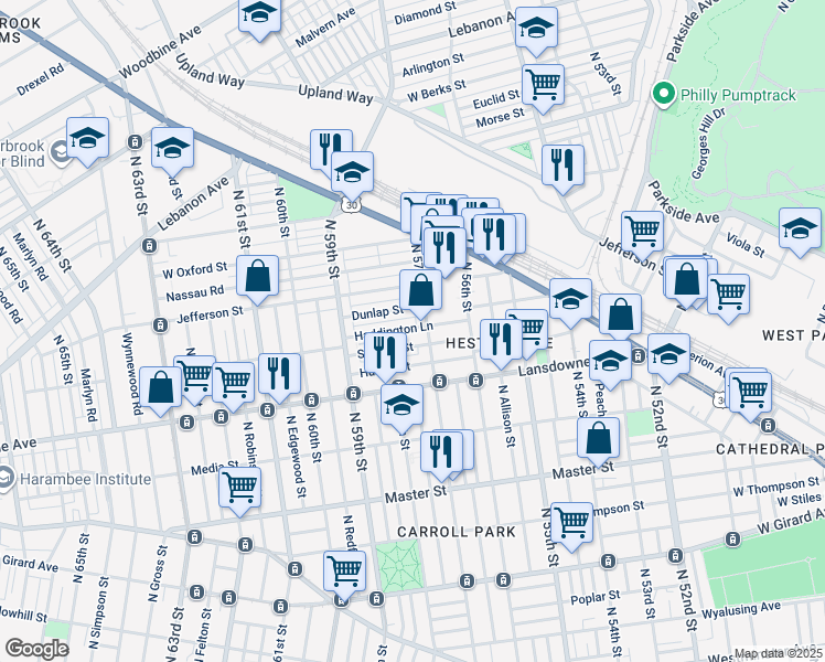 map of restaurants, bars, coffee shops, grocery stores, and more near 5712 Haddington Lane in Philadelphia