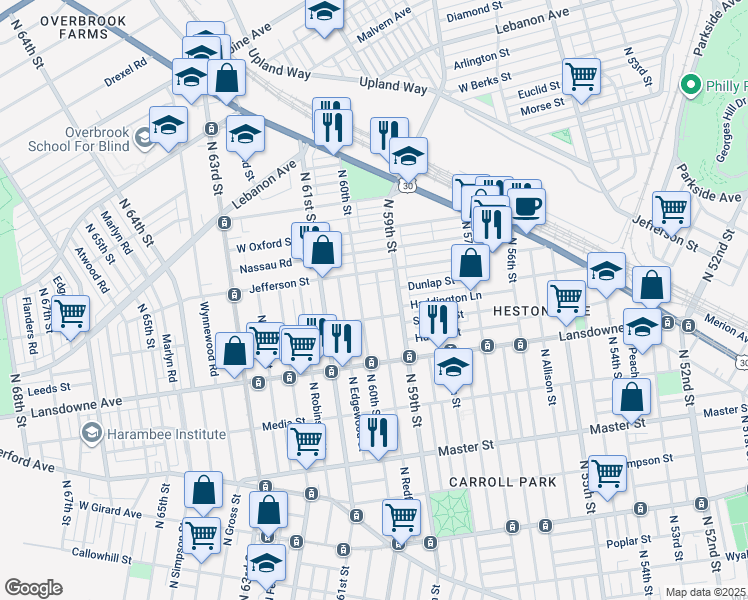 map of restaurants, bars, coffee shops, grocery stores, and more near 1724 North Redfield Street in Philadelphia