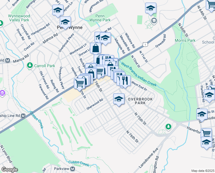 map of restaurants, bars, coffee shops, grocery stores, and more near 7535 Greenhill Road in Philadelphia