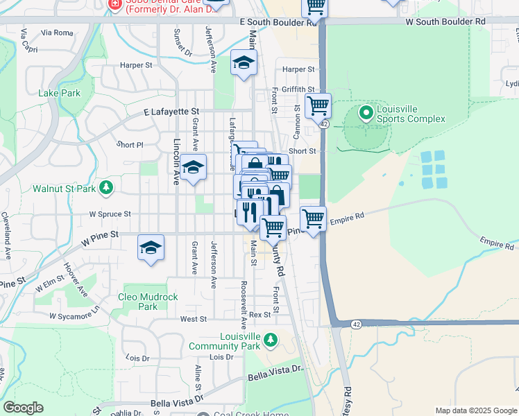 map of restaurants, bars, coffee shops, grocery stores, and more near 808 Main Street in Louisville