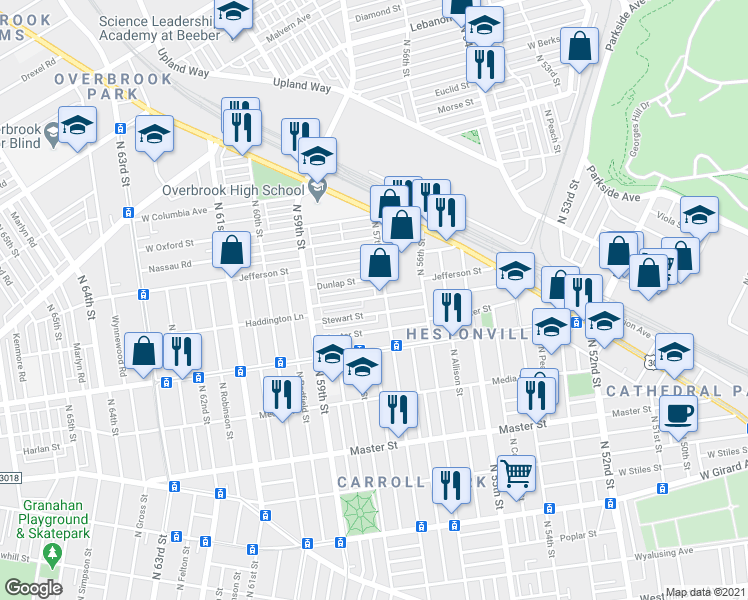 map of restaurants, bars, coffee shops, grocery stores, and more near 5710 Haddington Lane in Philadelphia