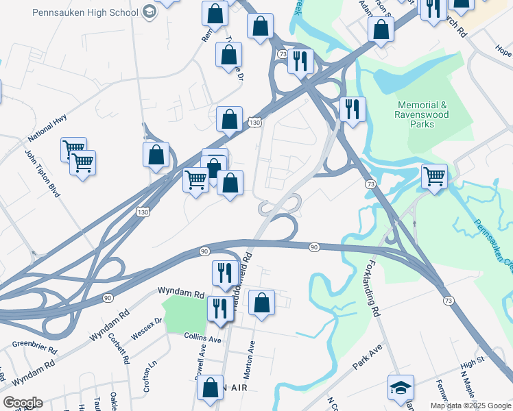 map of restaurants, bars, coffee shops, grocery stores, and more near 2432 Haddonfield Road in Pennsauken Township