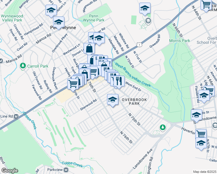 map of restaurants, bars, coffee shops, grocery stores, and more near 7510 Greenhill Road in Philadelphia
