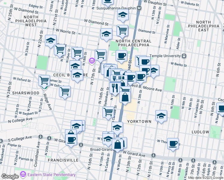map of restaurants, bars, coffee shops, grocery stores, and more near 1612 North 15th Street in Philadelphia