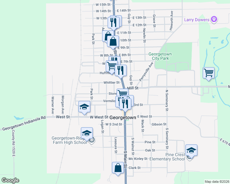 map of restaurants, bars, coffee shops, grocery stores, and more near 201 Stone Street in Georgetown