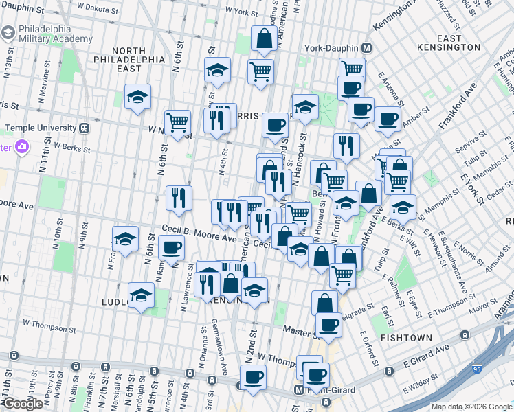 map of restaurants, bars, coffee shops, grocery stores, and more near 1755 North Bodine Street in Philadelphia