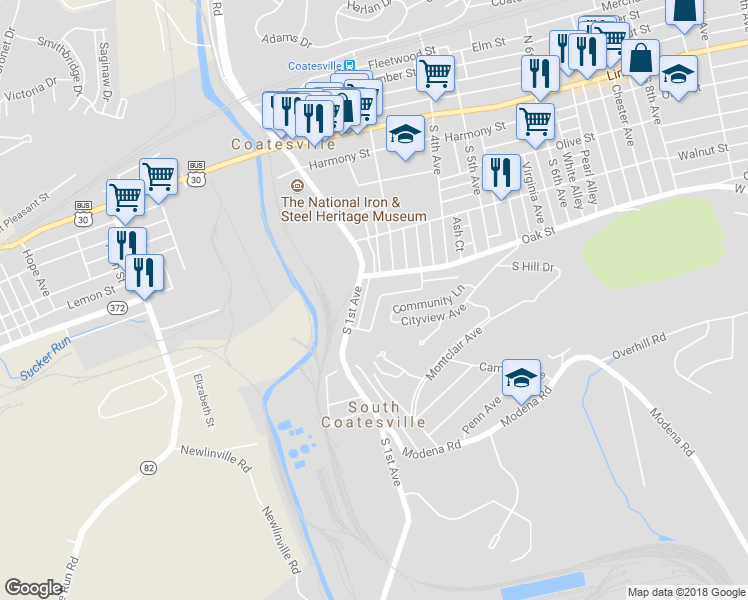 map of restaurants, bars, coffee shops, grocery stores, and more near 226 New Street in Coatesville