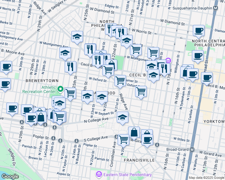 map of restaurants, bars, coffee shops, grocery stores, and more near 2112 Bolton Street in Philadelphia