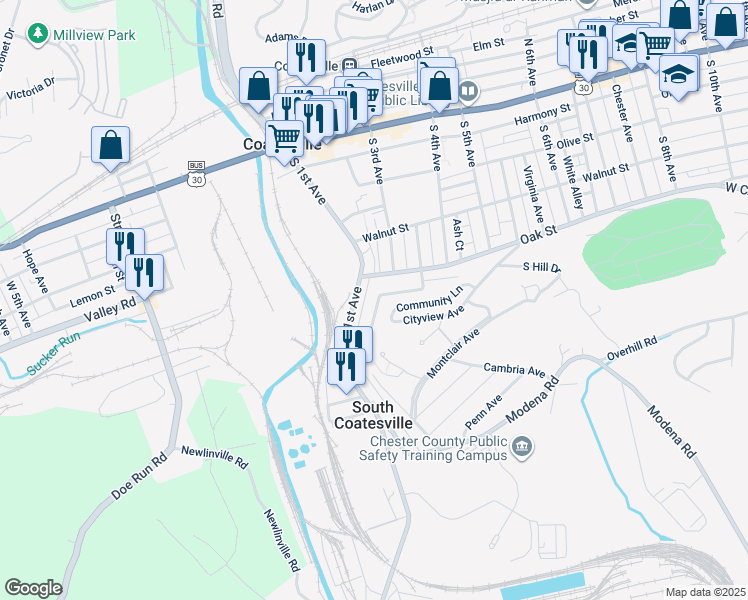 map of restaurants, bars, coffee shops, grocery stores, and more near 226 New Street in Coatesville