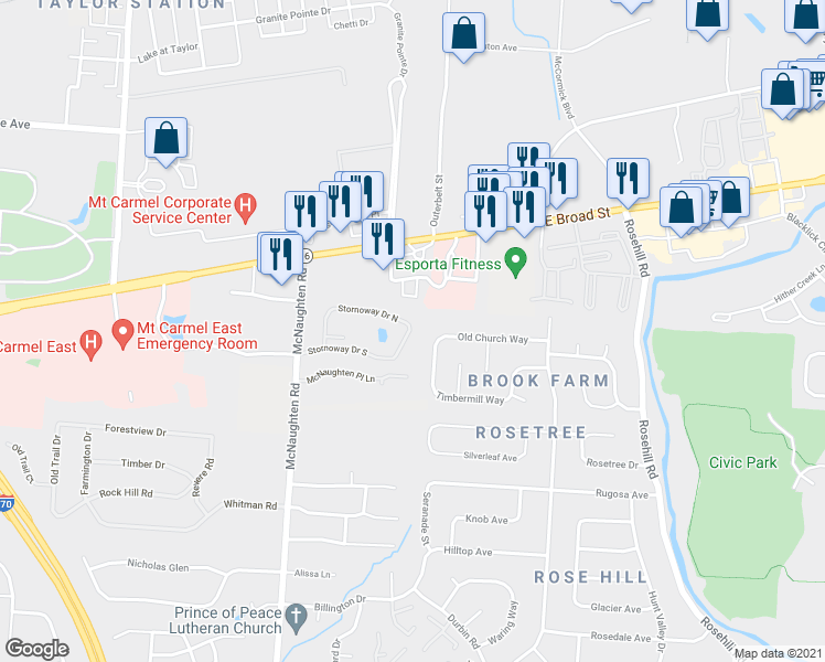 map of restaurants, bars, coffee shops, grocery stores, and more near 116 Stornoway Drive East in Columbus