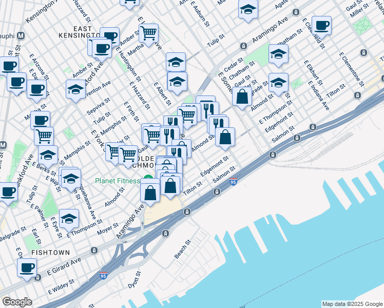 map of restaurants, bars, coffee shops, grocery stores, and more near 2605 E Huntingdon St in Philadelphia