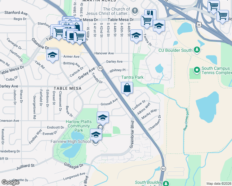 map of restaurants, bars, coffee shops, grocery stores, and more near 1198 South Broadway in Boulder