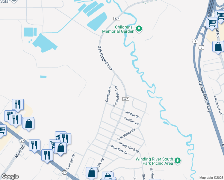 map of restaurants, bars, coffee shops, grocery stores, and more near 119 Cardinal Drive in Toms River