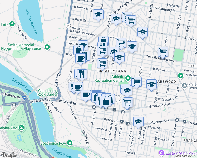 map of restaurants, bars, coffee shops, grocery stores, and more near in Philadelphia
