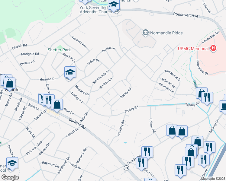map of restaurants, bars, coffee shops, grocery stores, and more near 106 Stonegate Road in York