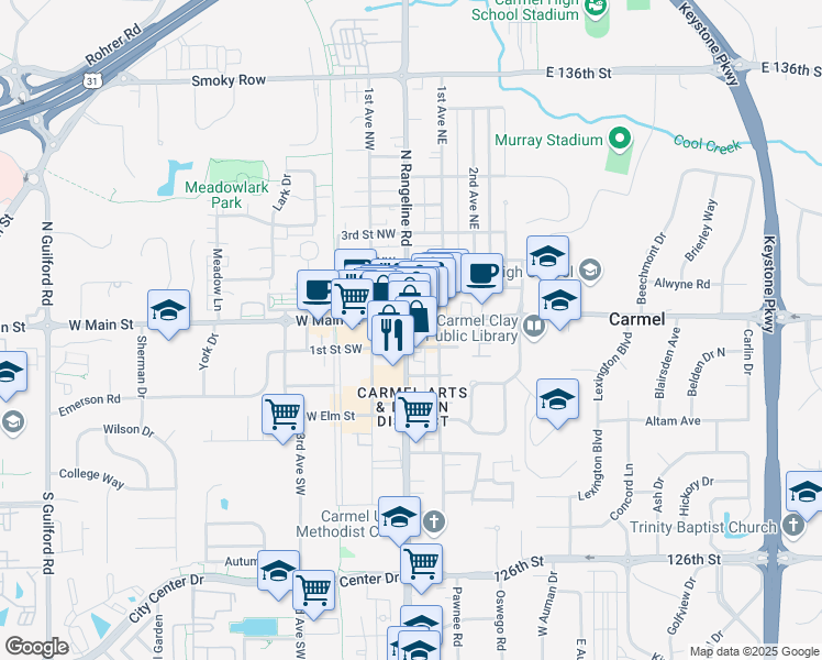 map of restaurants, bars, coffee shops, grocery stores, and more near 21 South Rangeline Road in Carmel
