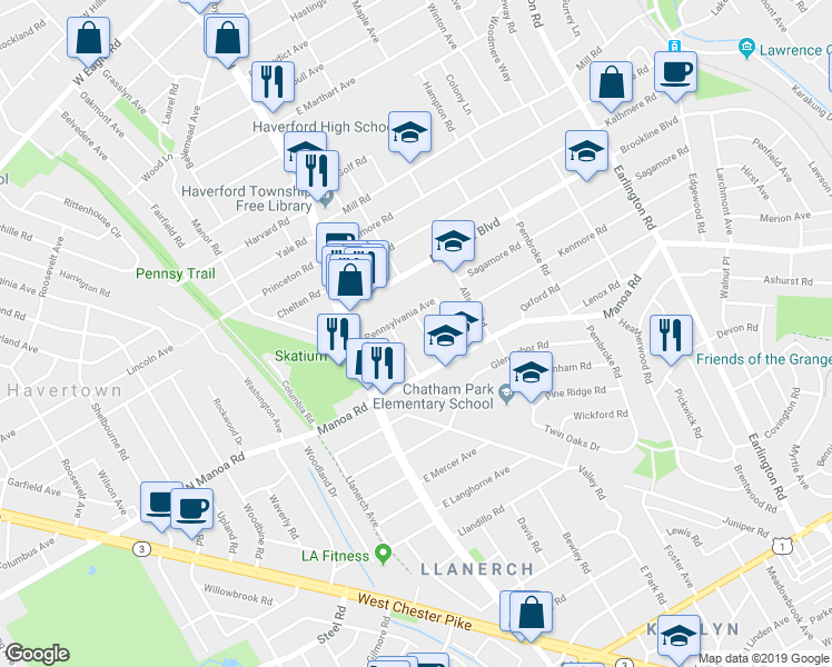 map of restaurants, bars, coffee shops, grocery stores, and more near 1014 Delaware Avenue in Havertown
