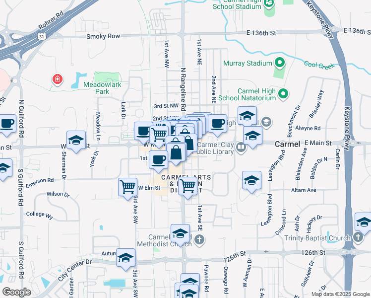 map of restaurants, bars, coffee shops, grocery stores, and more near 21 South Rangeline Road in Carmel