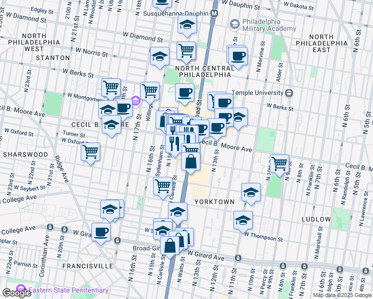 map of restaurants, bars, coffee shops, grocery stores, and more near 1600 North Broad Street in Philadelphia