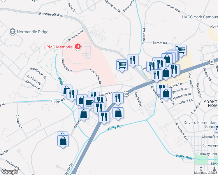 map of restaurants, bars, coffee shops, grocery stores, and more near 1560 Loucks Road in York
