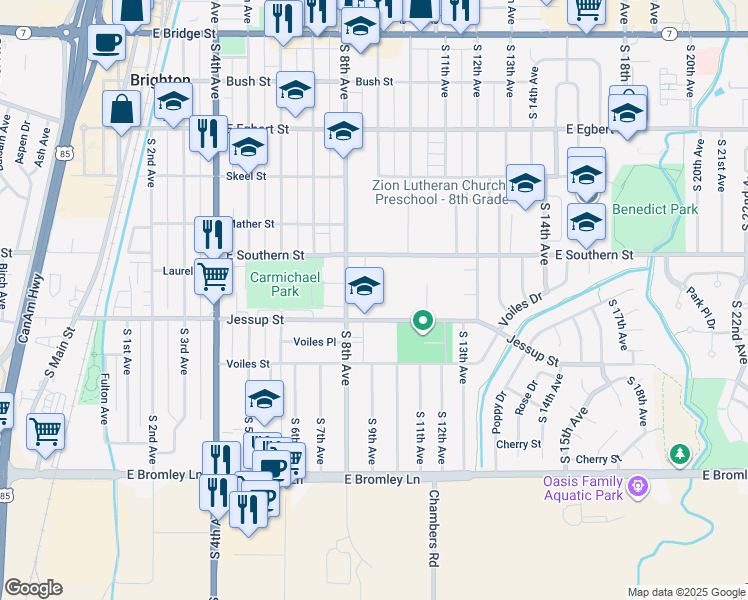 map of restaurants, bars, coffee shops, grocery stores, and more near 879 Jessup Street in Brighton
