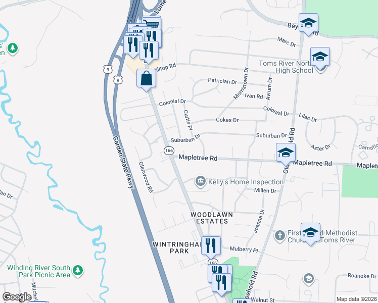 map of restaurants, bars, coffee shops, grocery stores, and more near 14 Mapletree Road in Toms River