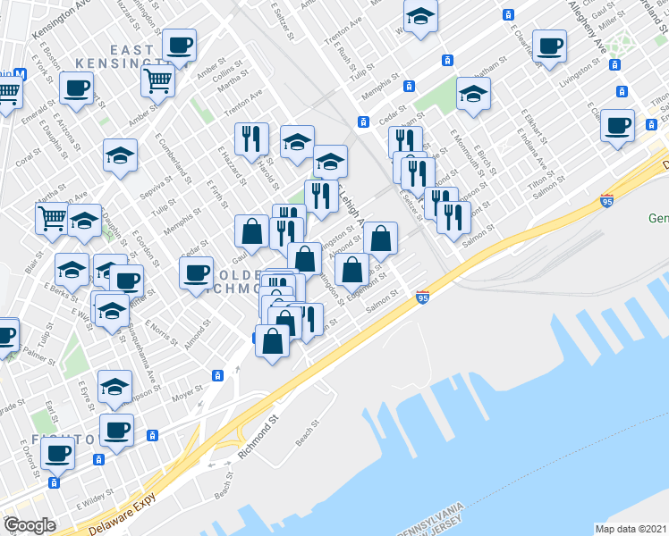 map of restaurants, bars, coffee shops, grocery stores, and more near 2622 East Albert Street in Philadelphia