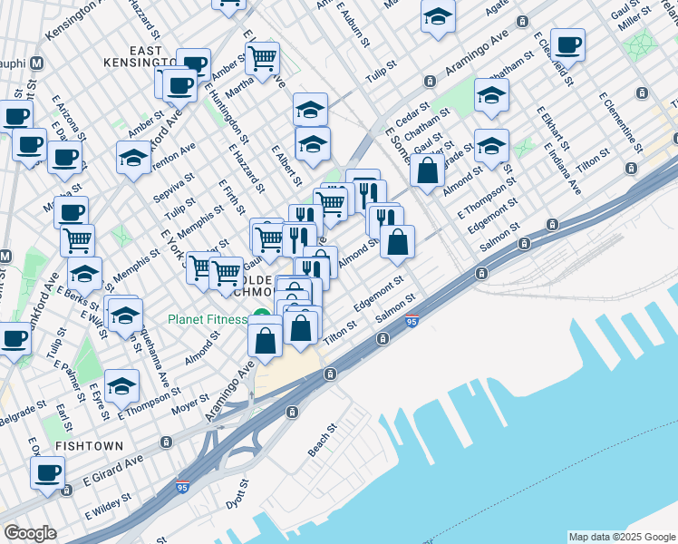map of restaurants, bars, coffee shops, grocery stores, and more near 2605 E Huntingdon St in Philadelphia