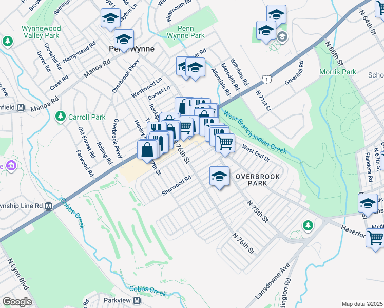 map of restaurants, bars, coffee shops, grocery stores, and more near 7546 Overbrook Avenue in Philadelphia