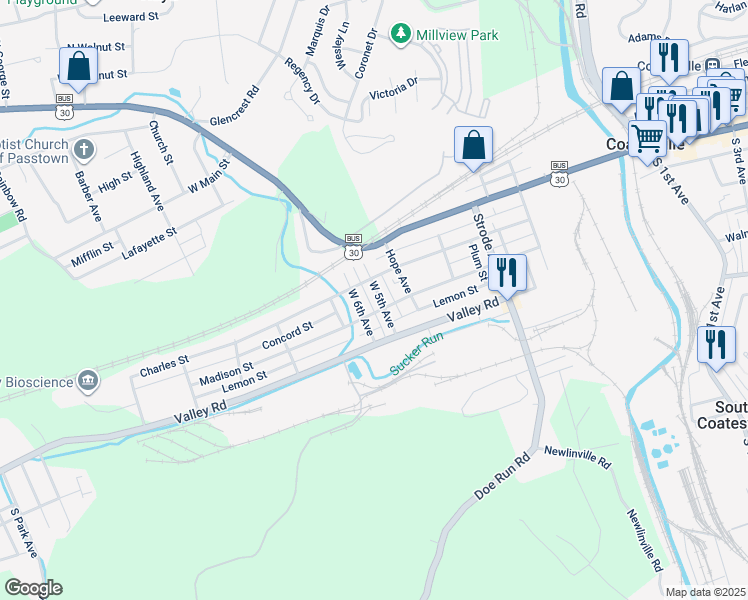map of restaurants, bars, coffee shops, grocery stores, and more near 30 West 5th Avenue in Coatesville