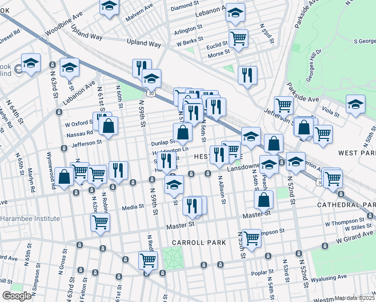 map of restaurants, bars, coffee shops, grocery stores, and more near 5650 Haddington Street in Philadelphia