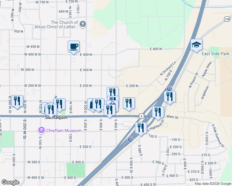 map of restaurants, bars, coffee shops, grocery stores, and more near 152 North 400 East Street in Santaquin