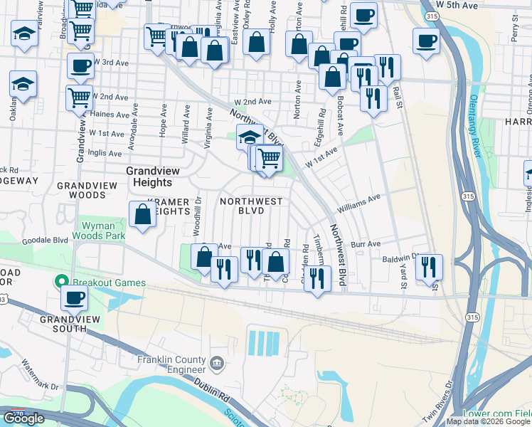 map of restaurants, bars, coffee shops, grocery stores, and more near 941 Thomas Road in Grandview Heights