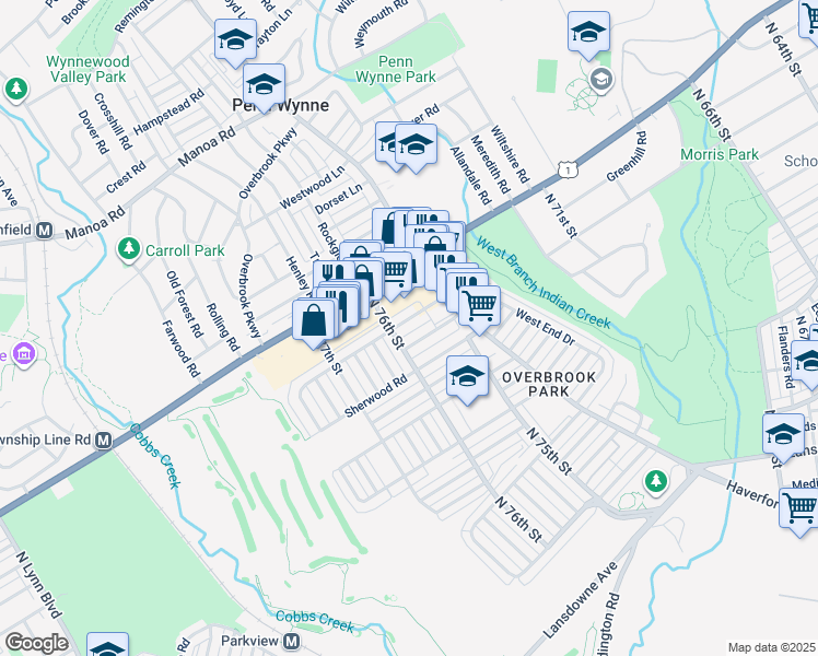 map of restaurants, bars, coffee shops, grocery stores, and more near 7546 Overbrook Avenue in Philadelphia