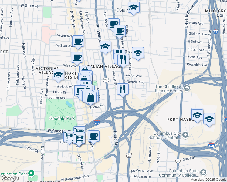 map of restaurants, bars, coffee shops, grocery stores, and more near 153 Warren Street in Columbus