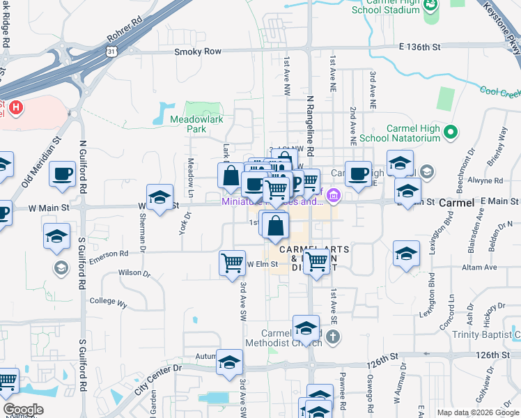 map of restaurants, bars, coffee shops, grocery stores, and more near 221 West Main Street in Carmel