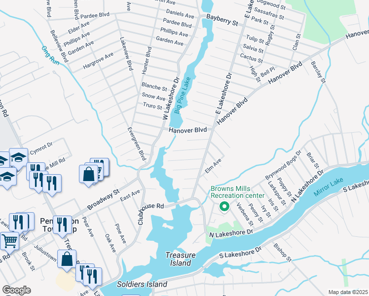 map of restaurants, bars, coffee shops, grocery stores, and more near 354 Woodbine Street in Pemberton Township