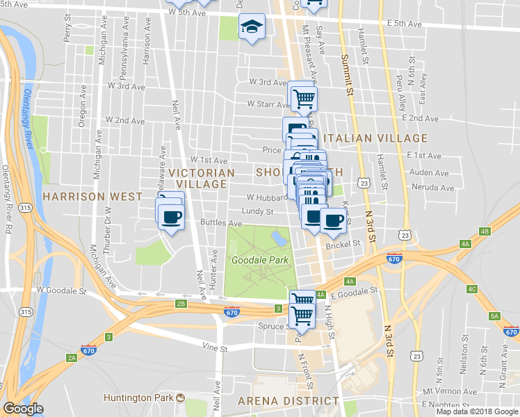 map of restaurants, bars, coffee shops, grocery stores, and more near 109 West Hubbard Avenue in Columbus