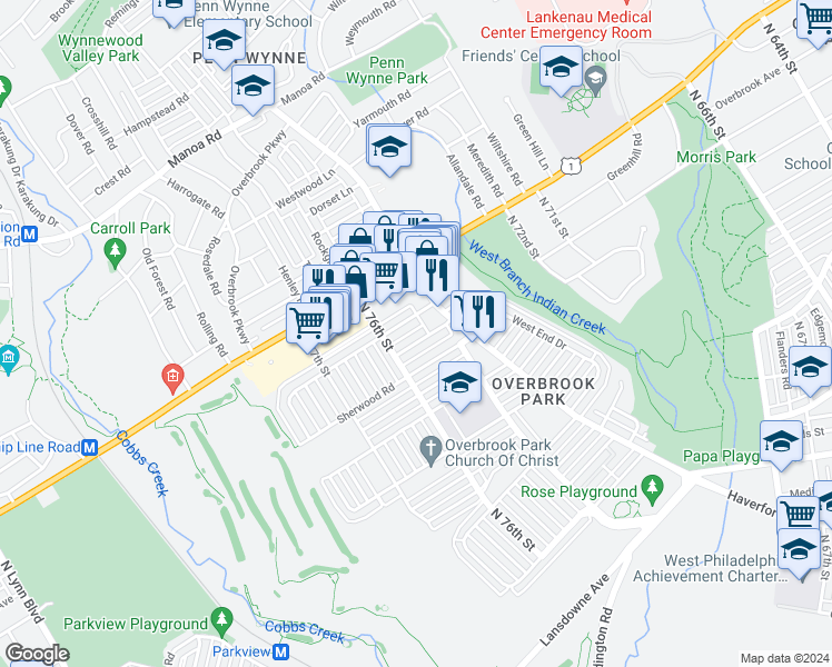map of restaurants, bars, coffee shops, grocery stores, and more near 7535 Greenhill Road in Philadelphia