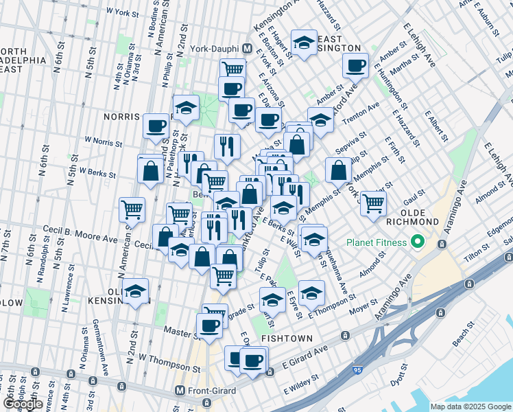 map of restaurants, bars, coffee shops, grocery stores, and more near 1839-47 Blair Street in Philadelphia