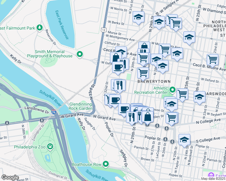 map of restaurants, bars, coffee shops, grocery stores, and more near 3041 Master Street in Philadelphia