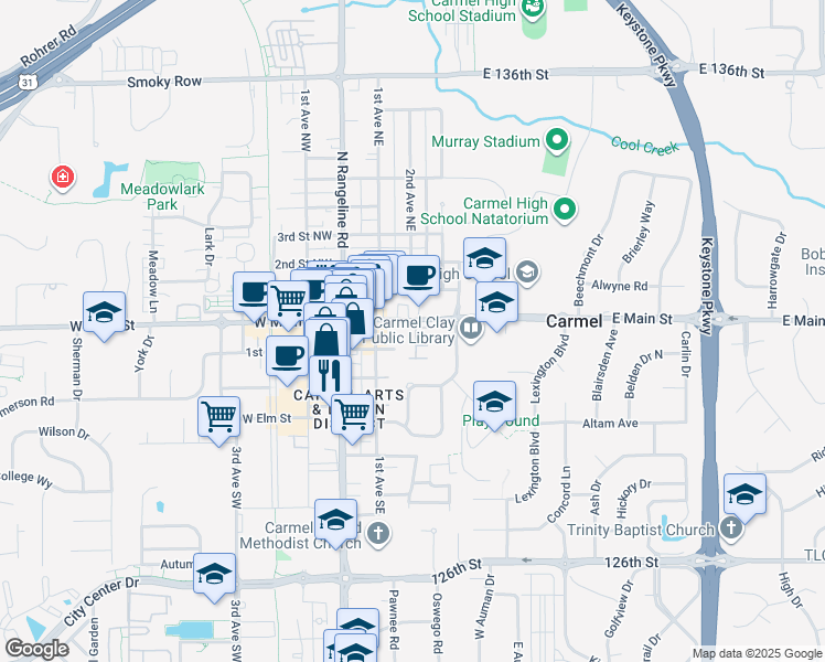map of restaurants, bars, coffee shops, grocery stores, and more near 8 Bryn Mawr Lane in Carmel