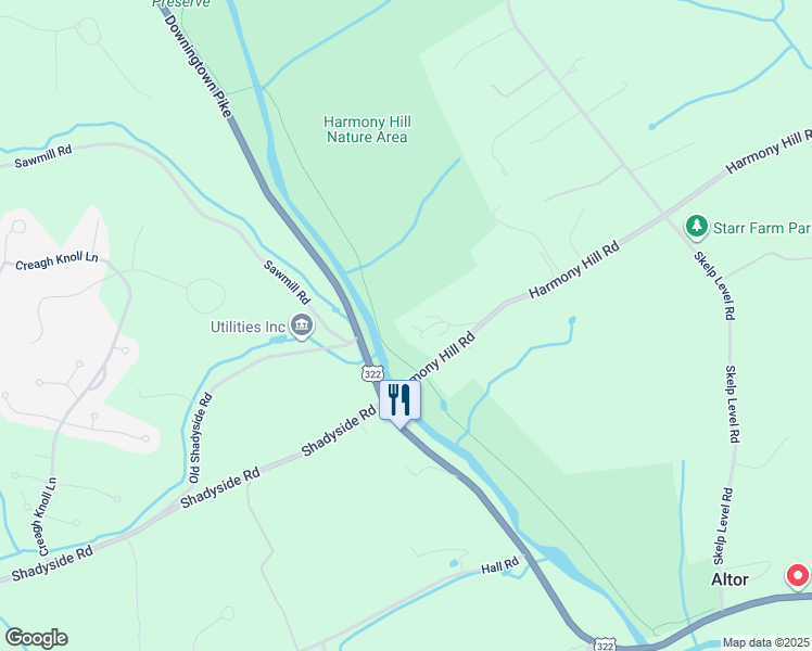 map of restaurants, bars, coffee shops, grocery stores, and more near 1179 Harmony Hill Road in Downingtown